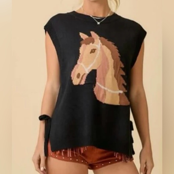 Jackets & Blazers - Black Sleeveless Sweater with Horse Design